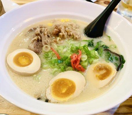 Tonkastu Ramen with a side of beef and extra egg.