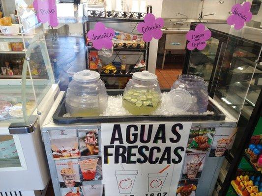 Aguas frescas - cebada, Jamaica, horchata, piña (pineapple), pepino (cucumber)