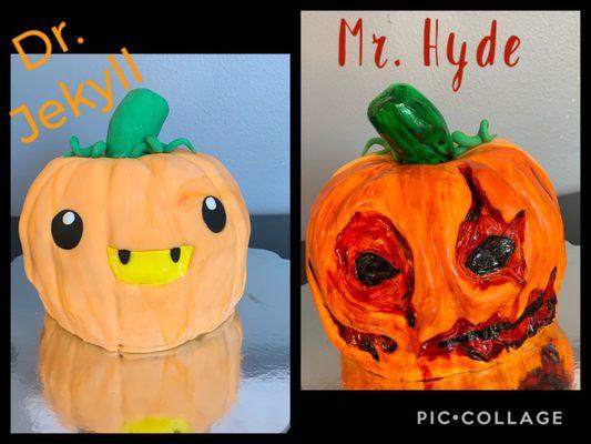 Dr. Jekyl-lantern and Mr. Hyde 2 faces on one cake