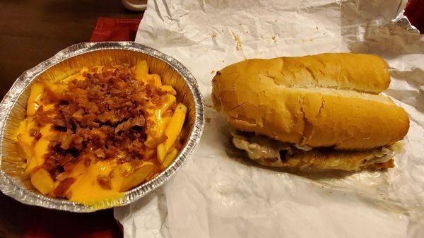 Steak hoagie, cheddar and bacon fries