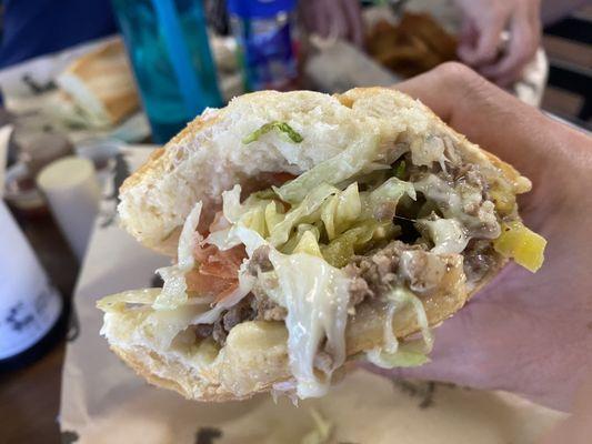 Cheesesteak hoagie cross section.