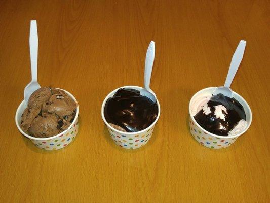 Chocolate cookies and cream, Chocolate peanut butter with hot fudge and Strawberry with Hot Fudge