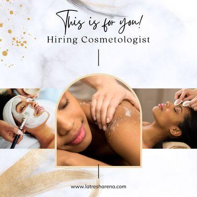 We are Hiring licensed professionals. Cosmetologist, nail technicians, and estheticians!