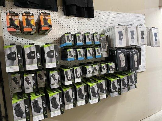 Wrist, ankle, knee braces of different types and all sizes.