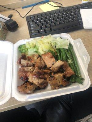 1 meat (bourbon chicken), 2 sides (veggies + green beans). $5.99. Note: longest line in the food court but goes CRAZY fast.