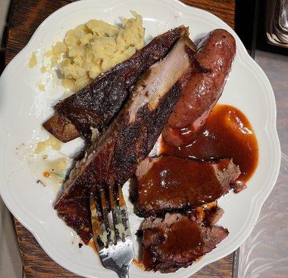 Potato salad, Ribs, sausage, brisket