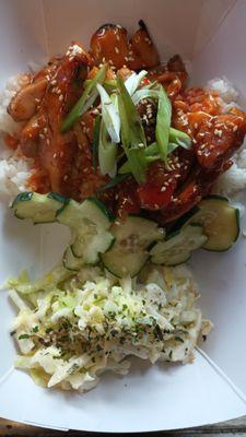 Teriyaki or Honey Garlic grilled chicken rice bowl. Served with Hawaiian coleslaw & Japanese Cue. Salad