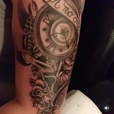 Clock rose and buds and banner tattoo