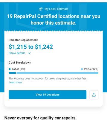 General cost of radiator replacement. Parts and labor.