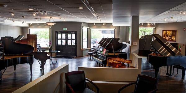 Inside look at the pianos in the showroom.