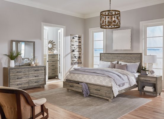 Lots of storage in this weathered distressed bedroom group, which is distinctively rustic yet refined.