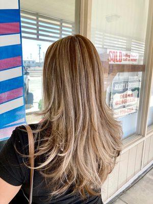 Full highlights, color and haircut.