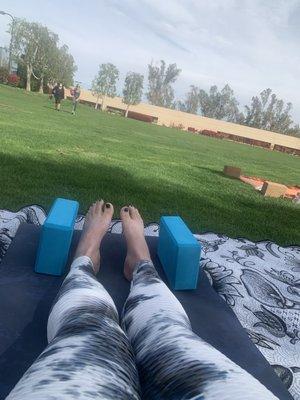 Getting ready for yoga on the lawn