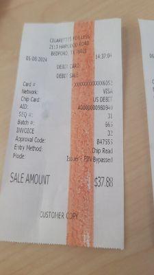 Receipt for charger