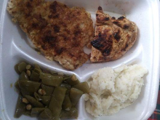 Chicken fried pork, fried chicken, mashed potatoes, green beans