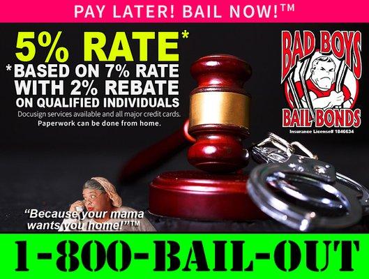 Don't let financial stress keep your loved one behind bars. Pay Later! Bail Now! Call Bad Boys Bail Bonds, "because your mama wants you home