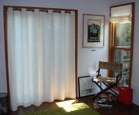 Single panel curtain with grommets for sliding glass door and matching roman shade, Larkspur, CA