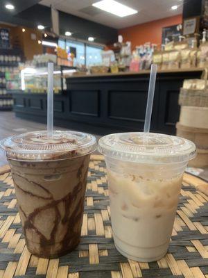 Frozen mocha with hazelnut and toasted marshmallow syrup and a iced chai latte.