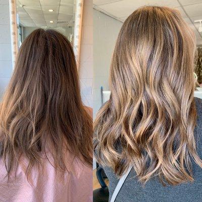 Before and After balayage, gloss, keratin repair, and blowout. At Verb Beauty Studio in Travelers Rest.