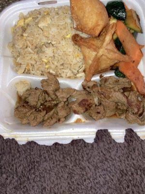 Hibachi steak, chicken fried rice, vegetables, and crab Ragoon