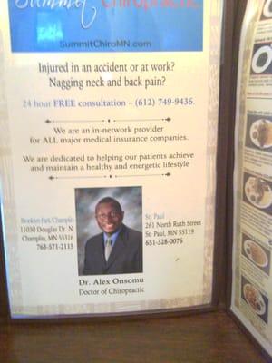 A full page ad for a chiropractor in the middle of the menu!  Really?