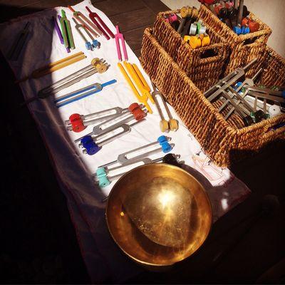 Singing Bowl and Acutonics Tuning Forks hanging in the Sun in between treatments