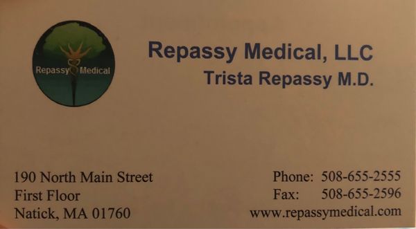 Business card with all of Dr. Repassy's Information