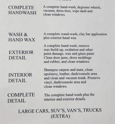 Carwash service list for Aztec Auto Detailing