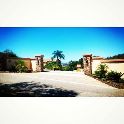 Front entry pavers and concrete, walls, faux posts, lighting and water wise plants and irrigation.