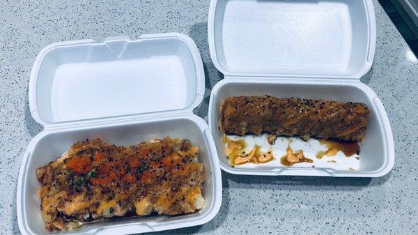 Left: Dynamite Roll. Right: Golden California Roll.