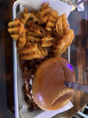 Teriyaki burger and waffle fries