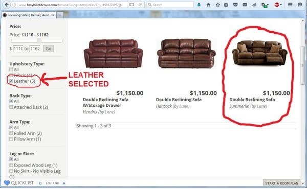 Even when selecting ONLY LEATHER sofas using their website, there is the Lane Summerlin reclining leather sofa showing $1150 sale price.