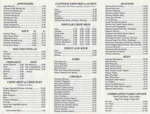 Menu as of May 2017