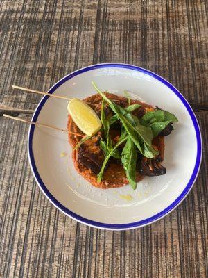 Maitake Mushroom kebab with muhammara sauce (red pepper and walnut sauce) - so good!