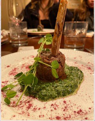 Course 3: Steak pop with creamed spinach. Melt in your mouth and an incredible presentation