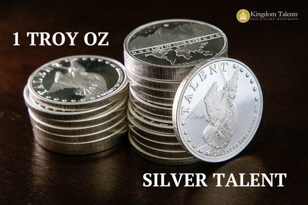 Each Silver Talent contains 1 troy oz. of pure silver .999, and is priced as a bullion round to protect wealth.