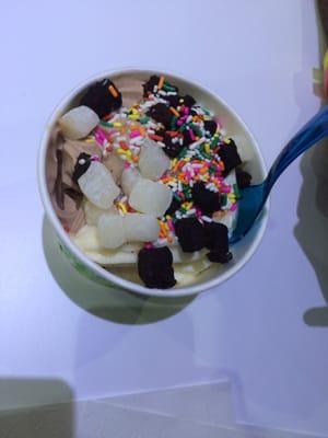 Funilla vanilla and Nutella frozen yogurt! With mochi, jimmies, and brownie bites. Came out to $10.02 lol