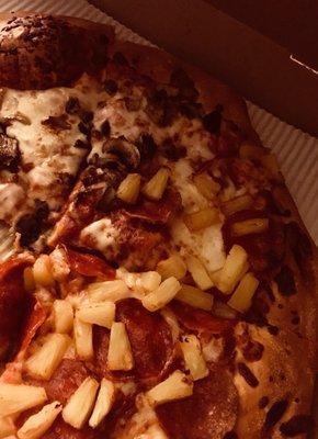 Half mushroom, half pepperoni and pineapple. Came with a lot of pineapple!