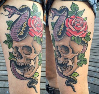 skull snake rose tattoo