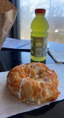 Cheddar Cheese bagel with a yellow Gatorade