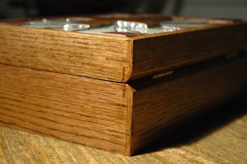 Detail of custom wood box with stained glass top