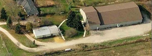 Aerial view of the buildings of Northfield Dog Training.