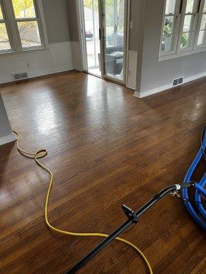 Wood floor deep scrub restoration.