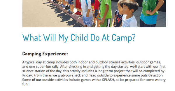 camp description emphasizing the outdoor activity