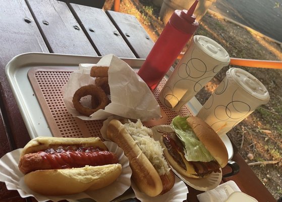 Hot dogs, burger, milkshakes, onion rings