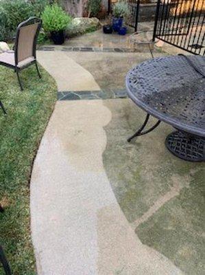 With the correct chemicals and equipment we can make this moldy patio sparkle again.  The difference between the left and right is apparent.