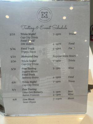 Tasting and event schedule