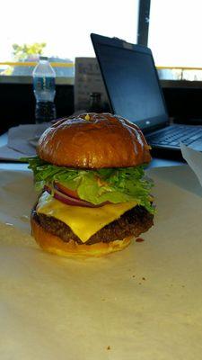 Try our juicy Cheeseburger.  Cooked fresh with 3oz ground beef.