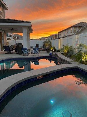 Beautiful sunset by God...  Beautiful pool by Thomas Pools! Let us change the way you see your backyard. Call today!