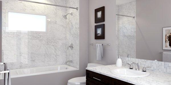 We can transform your bathroom with our beautiful Carrara quartz surfaces !